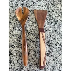 Handcrafted Wooden Kitchen Set of 2 Salad Spoon Spatula Rustic Artisan Wood